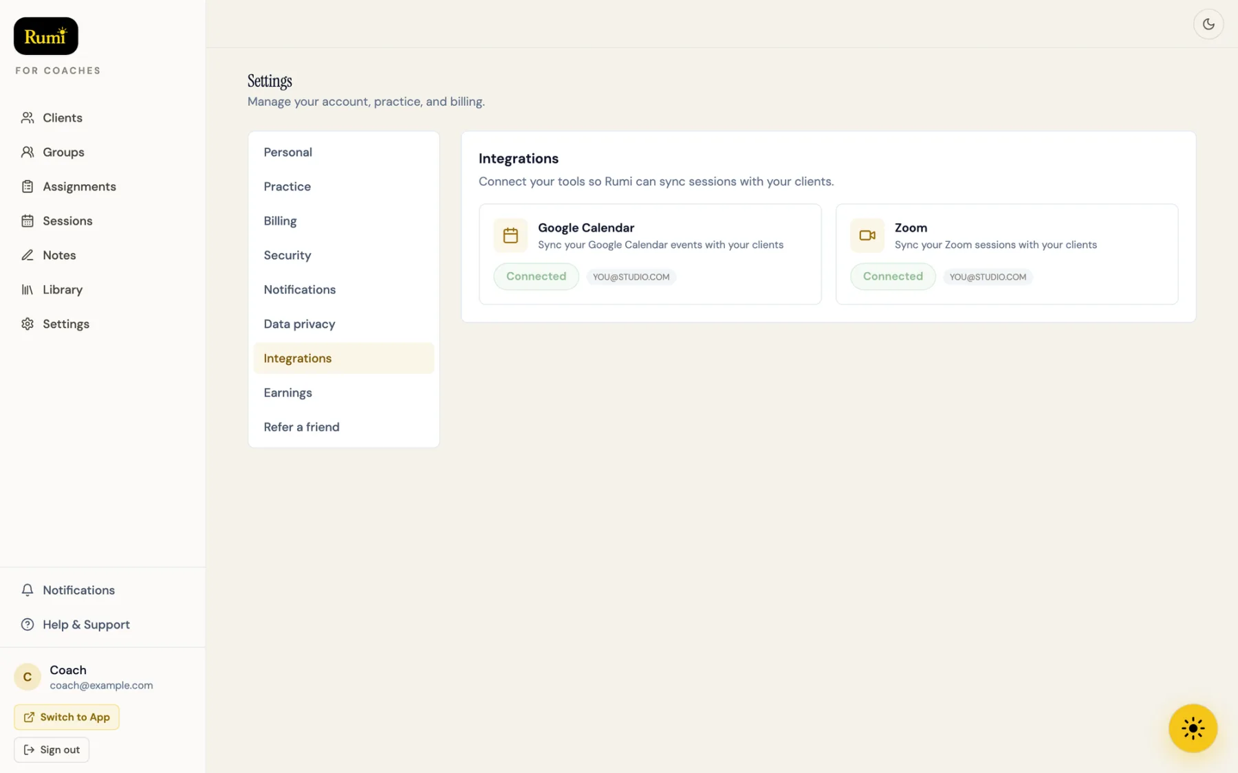 Connect Google Calendar and Zoom from Rumi settings